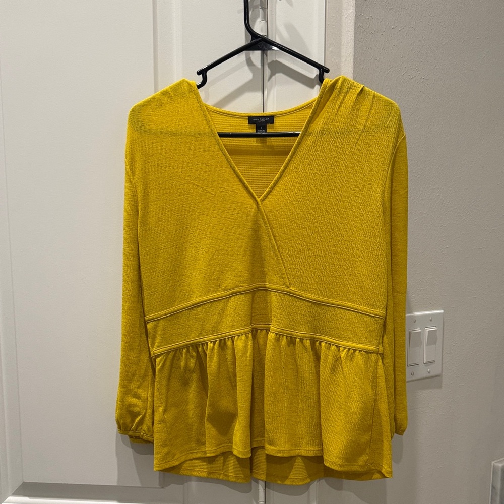 Ann Taylor Yellow V-Neck Peplum Blouse